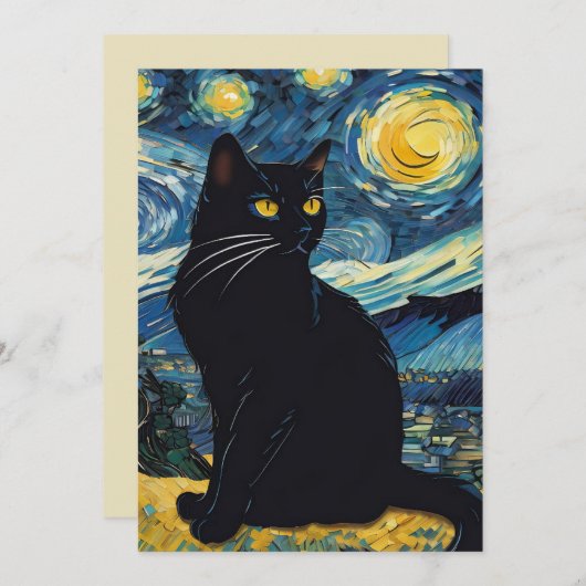 Black Cat Landscape 絵を描's Greeting Card 招待状 (正面/裏面)