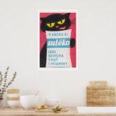 Black Cat Licking Milk Bag - Matchbox Print ポスター (キッチン)
