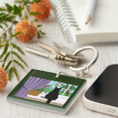 Black Cat Looking Out Window Businessロゴ キーホルダー (正面右)