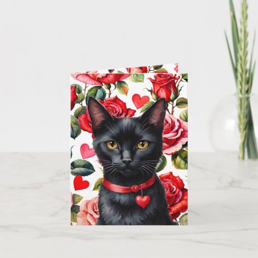 Black Cat Maximalist Roses & Hearts Pun Valentine カード (正面)