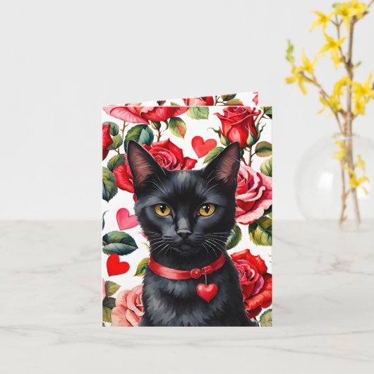 Black Cat Maximalist Roses & Hearts Pun Valentine カード (黄色い花)