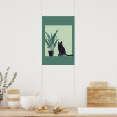Black Cat Minimalist Wall Art Modern Green Botanic ポスター (キッチン)