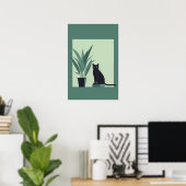 Black Cat Minimalist Wall Art Modern Green Botanic ポスター (ホームオフィス)