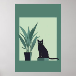 Black Cat Minimalist Wall Art Modern Green Botanic ポスター