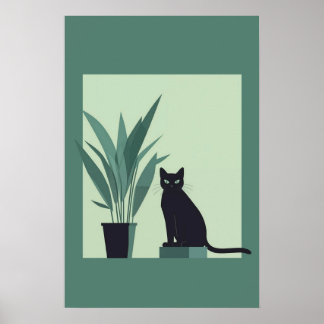 Black Cat Minimalist Wall Art Modern Green Botanic ポスター