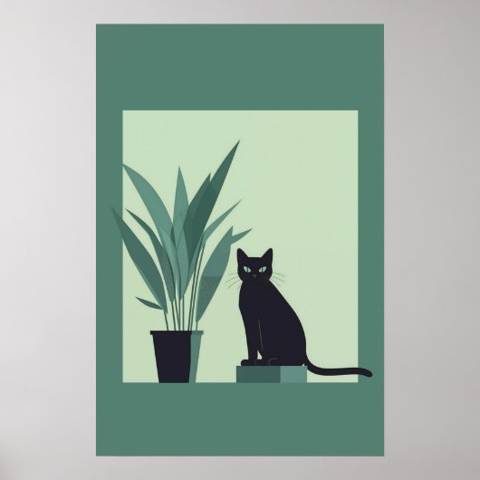 Black Cat Minimalist Wall Art Modern Green Botanic ポスター (正面)