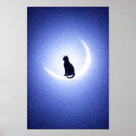 Black Cat Moon Wall Art – Celestial Blue Decor ポスター
