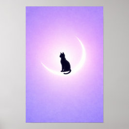 Black Cat Moon Wall Art – Lavender Bedroom Decor ポスター