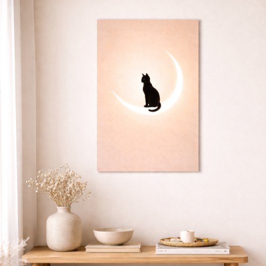 Black Cat Moon Wall Art – Neutral Beige Home Decor ポスター