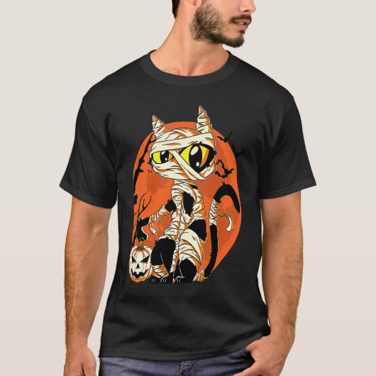 Black Cat Mummy Halloween Costume Scary Night Boys Tシャツ (正面)