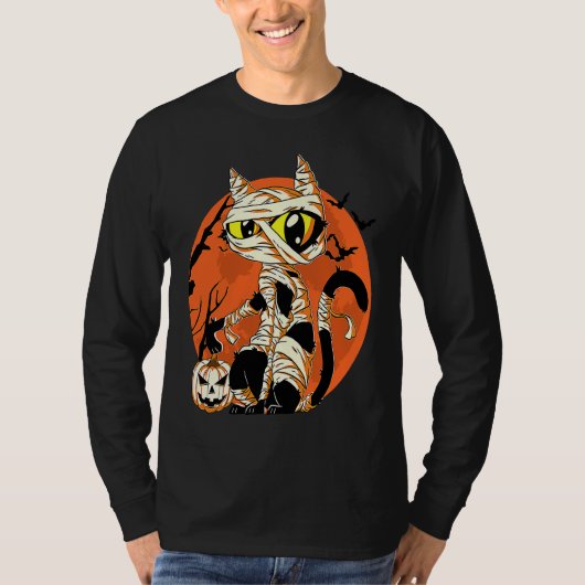 Black Cat Mummy Halloween Costume Scary Night Boys Tシャツ (正面)