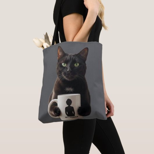 Black Cat "MY HUMAN" Tote Bag - Funny Canvas Tote トートバッグ (クローズアップ)
