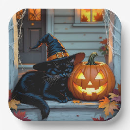 Black Cat Napping on Pumpkin Halloween  ペーパープレート