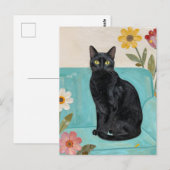 Black Cat on a Blue Couch ポストカード (正面/裏面)