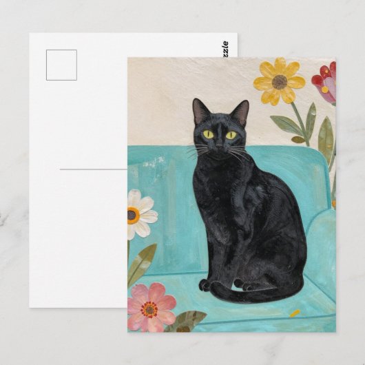 Black Cat on a Blue Couch ポストカード (正面/裏面)
