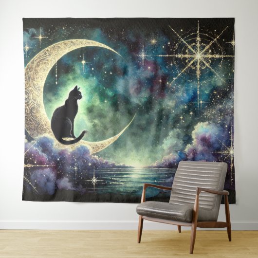 Black Cat on Crescent Moon with Starry Night Sky タペストリー (インサイチュ(横))