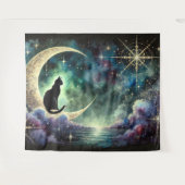 Black Cat on Crescent Moon with Starry Night Sky タペストリー (正面(横))