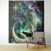 Black Cat on Crescent Moon with Starry Night Sky タペストリー (インサイチュ)