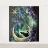 Black Cat on Crescent Moon with Starry Night Sky タペストリー (正面)