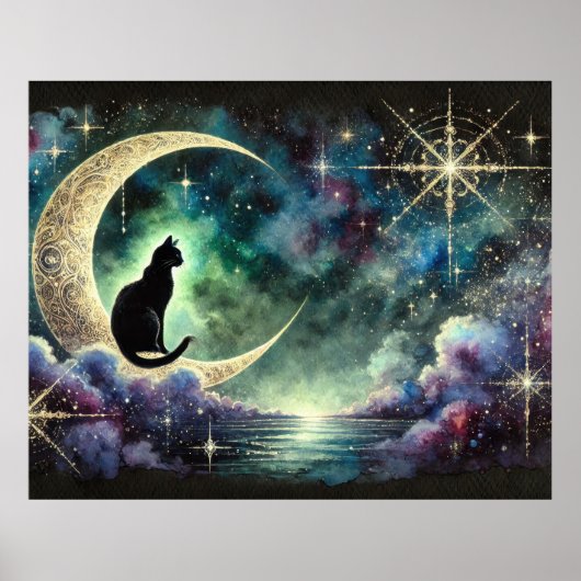 Black Cat on Crescent Moon with Starry Night Sky ポスター (正面)