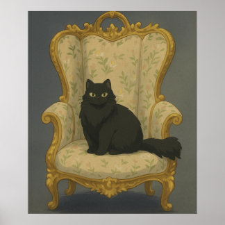 Black Cat on Ornate Chair – Elegant Gothic Pet Por ポスター