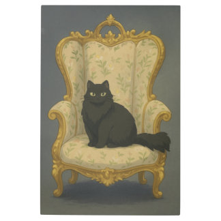 Black Cat on Ornate Chair – Elegant Gothic Pet Por メタルプリント