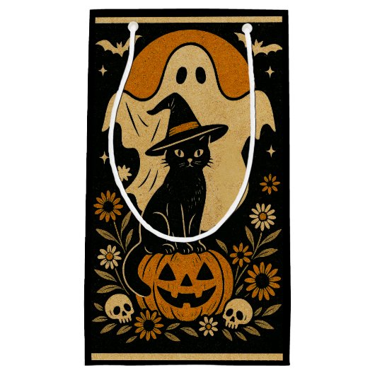 Black Cat on Pumpkin Halloween Gift Bag – Spooky スモールペーパーバッグ (正面)