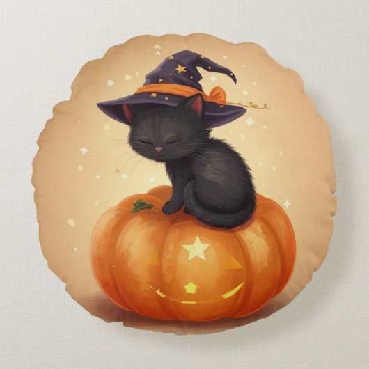 Black Cat on Pumpkin Halloween Round Pillow ラウンドクッション (正面)