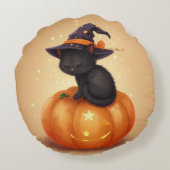 Black Cat on Pumpkin Halloween Round Pillow ラウンドクッション (裏面)
