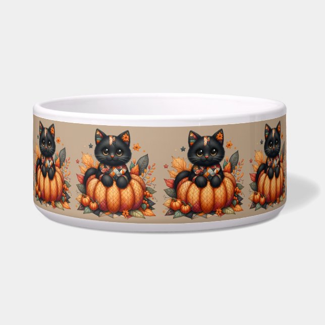 Black Cat on Pumpkin with Autumn Quilt Pattern ボウル (正面)