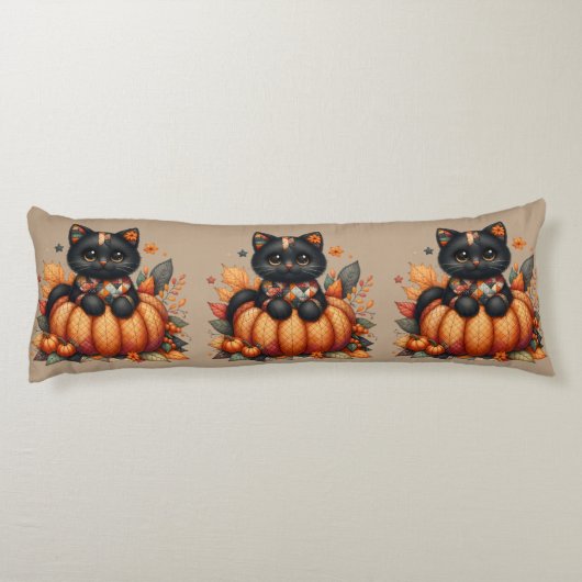 Black Cat on Pumpkin with Autumn Quilt Pattern ボディピロー (裏面)