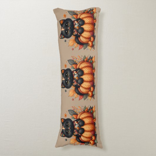 Black Cat on Pumpkin with Autumn Quilt Pattern ボディピロー (正面縦)