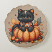 Black Cat on Pumpkin with Autumn Quilt Pattern ラウンドクッション (裏面)