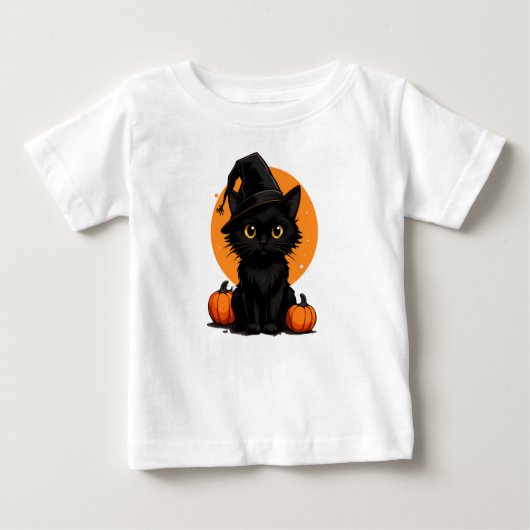 Black Cat on Pumpkins under Full Moon  ベビーTシャツ (正面)
