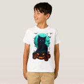 Black Cat on Pumpkins under Full Moon – Spooky Hal Tシャツ (正面フル)