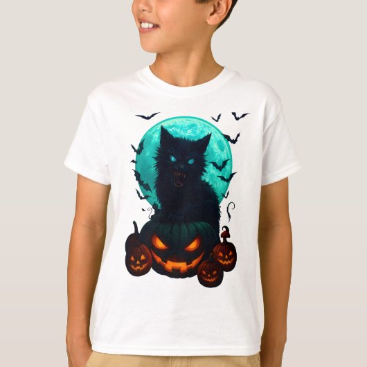 Black Cat on Pumpkins under Full Moon – Spooky Hal Tシャツ (正面)
