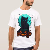 Black Cat on Pumpkins under Full Moon – Spooky Hal Tシャツ (正面)