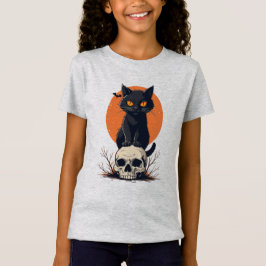 Black Cat on Skull Halloween Tシャツ