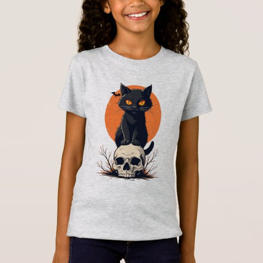 Black Cat on Skull Halloween Tシャツ (正面)