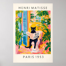 Black Cat on Toilet Mattise Style Bathroom Print ポスター