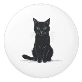 Black cat on white background door pull セラミックノブ (正面)