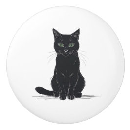 Black cat on white background door pull セラミックノブ
