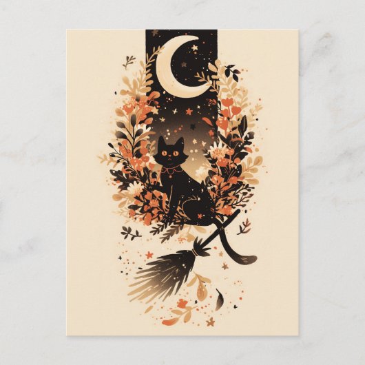 Black Cat on Witch’s Broom Under the Moon シーズンポストカード (正面)