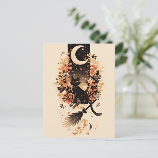 Black Cat on Witch’s Broom Under the Moon ポストカード (スタンド正面)