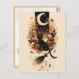 Black Cat on Witch’s Broom Under the Moon ポストカード