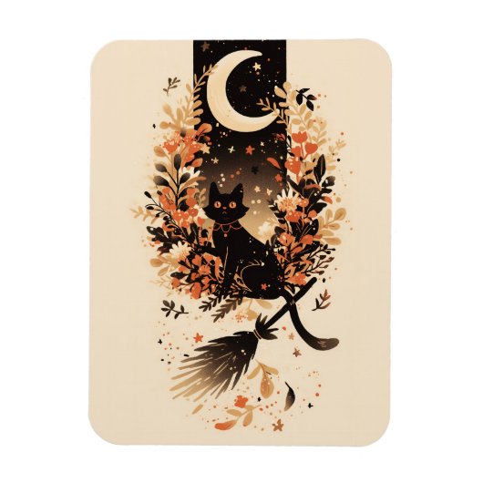 Black Cat on Witch’s Broom Under the Moon マグネット (縦)