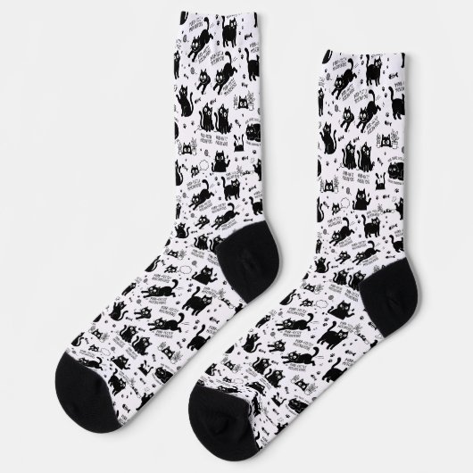 Black Cat Pattern Socks – Funny Cartoon Feline ソックス (左)