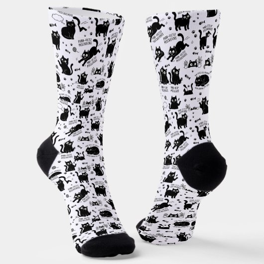 Black Cat Pattern Socks – Funny Cartoon Feline ソックス (傾斜あり)
