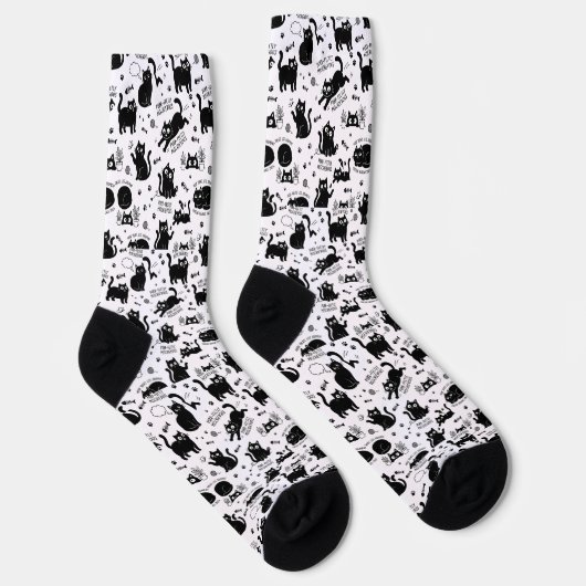 Black Cat Pattern Socks – Funny Cartoon Feline ソックス (右)