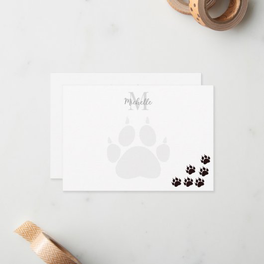 Black Cat Paw Prints Monogram Personalized  ノートカード (正面/裏面インサイチュ)